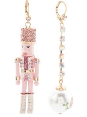 🆕-Betsey Johnson Pink Nutcracker Asymmetric Dangle Earrings with Floral Orb